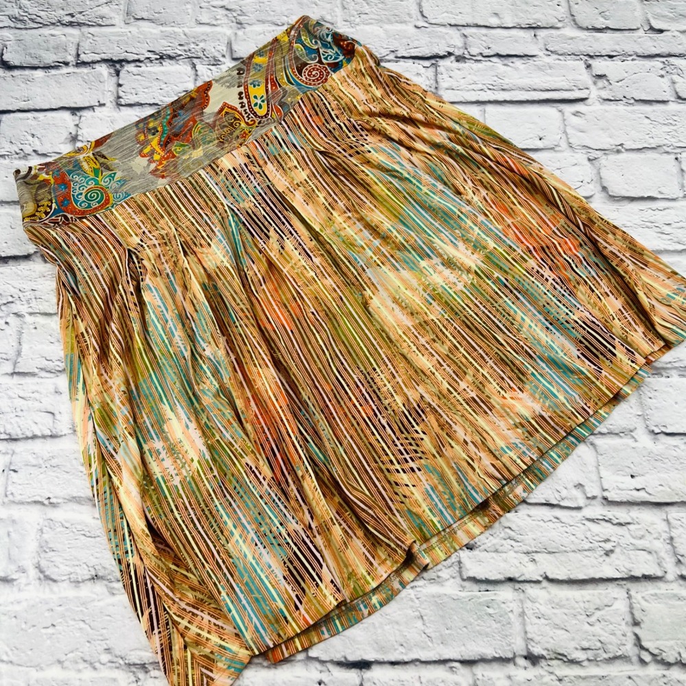 Canvasbacks Womens Skirt Size 12 Cream Multi Colorblock Midi Pleated Boho